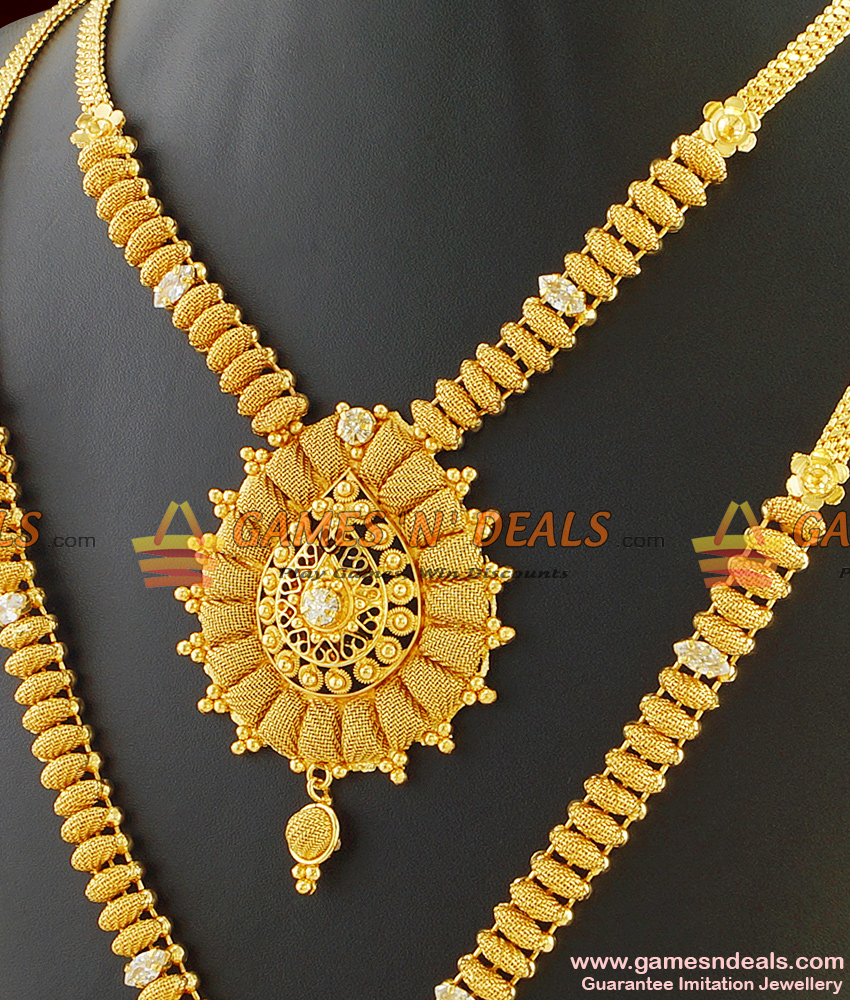 Sparkling Kerala Design Jewelry Haaram Necklace Set Combo For Women ARRG288