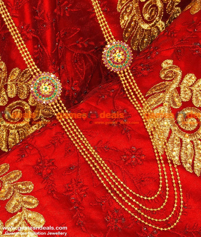 ARRG44 - Gold Plated Four Line Flower Design With Ruby Stone Long Haaram