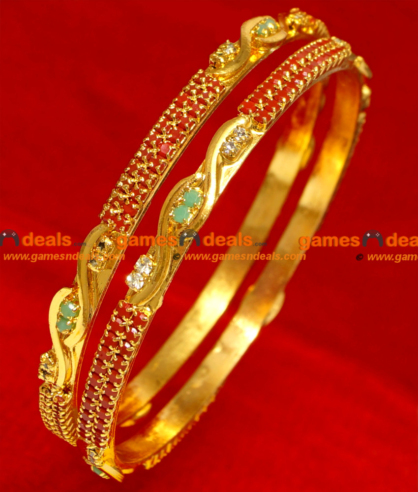 BG050-2.6 Size Gold Plated Red and White Stone Fancy Imitation Bangle Online