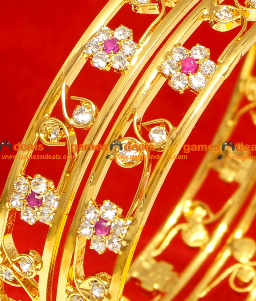 BG052-2.8 Size Gold Plated Imitation Bangle Thin Pink White Stone