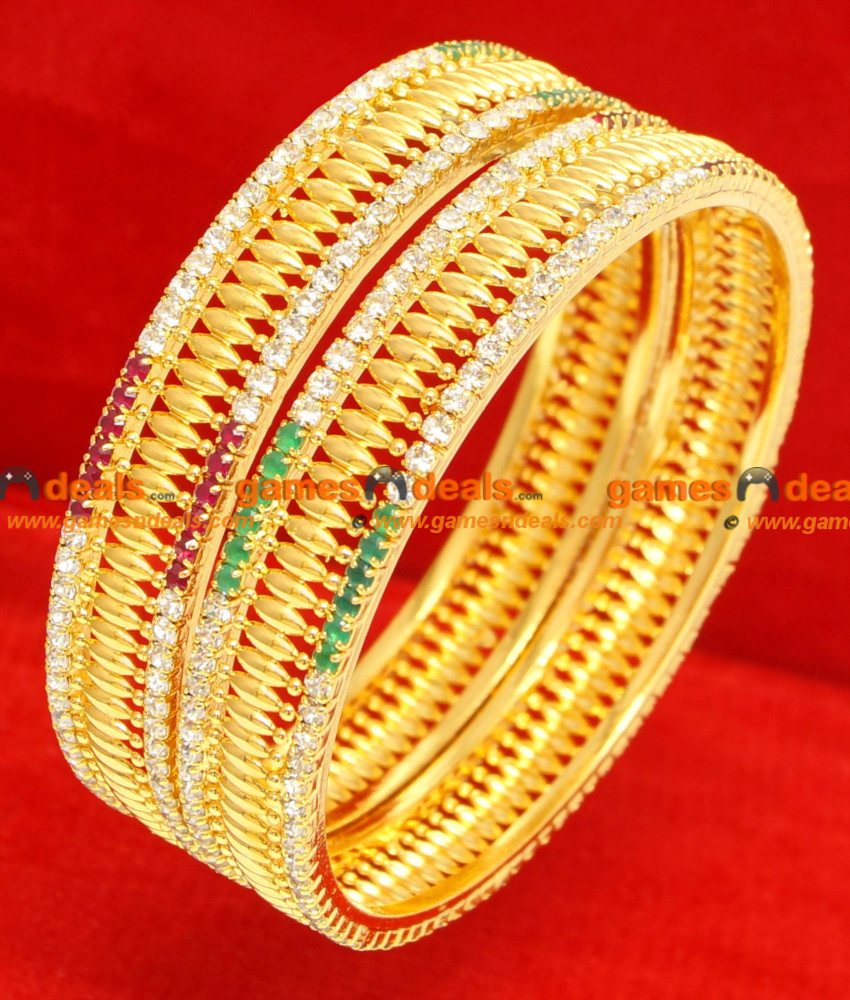 BG061-2.4 Size Gold Plated Imitation Kada Bridal Wear Red White Green Stone Bangle