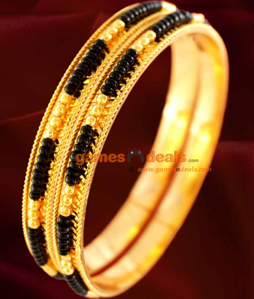 BR005-2.6 Size Gold Plated Karugamani Black Beads Bangles