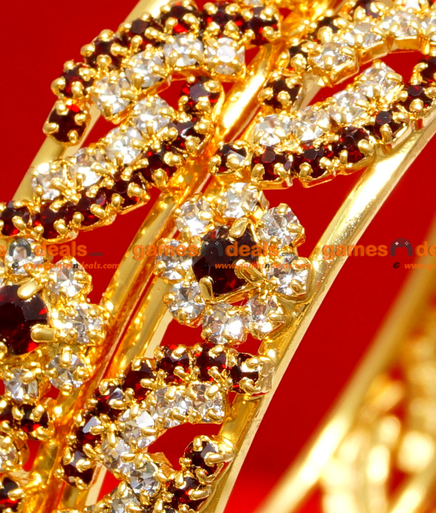 BS020-2.8 Size Gold Plated Maroon American Diamond Stone Party Wear Design Bangle