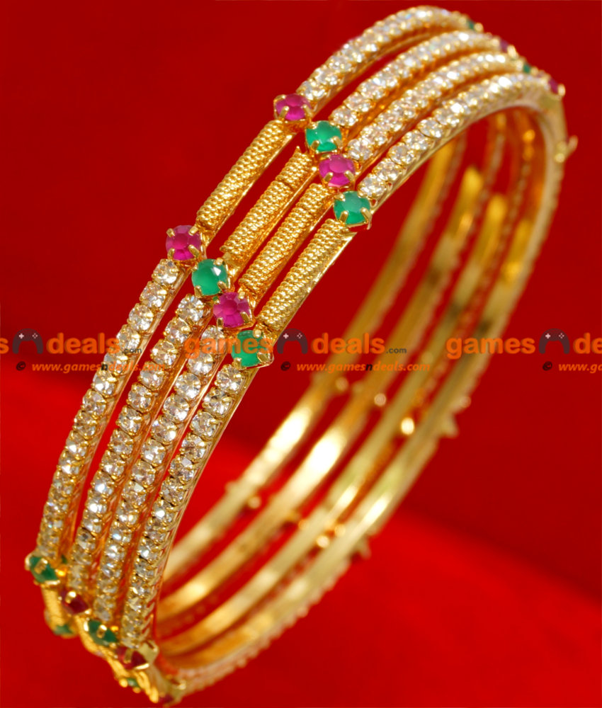 BS022-2.6 Size Gold Plated Semi Precious Ruby Emerald American Diamond Stone Thin Spring Design Bangle BS022-2.6 Size Gold Plated Semi Precious Ruby Emerald American Diamond Stone Thin Spring Design Bangle