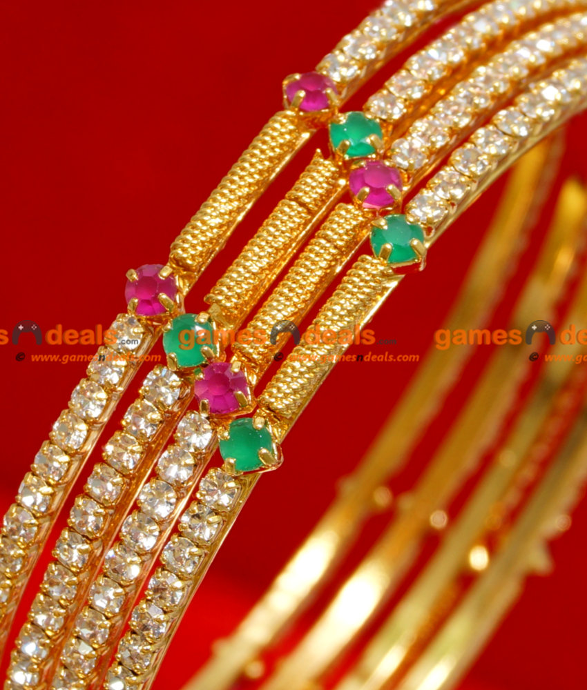 BS022-2.6 Size Gold Plated Semi Precious Ruby Emerald American Diamond Stone Thin Spring Design Bangle BS022-2.6 Size Gold Plated Semi Precious Ruby Emerald American Diamond Stone Thin Spring Design Bangle