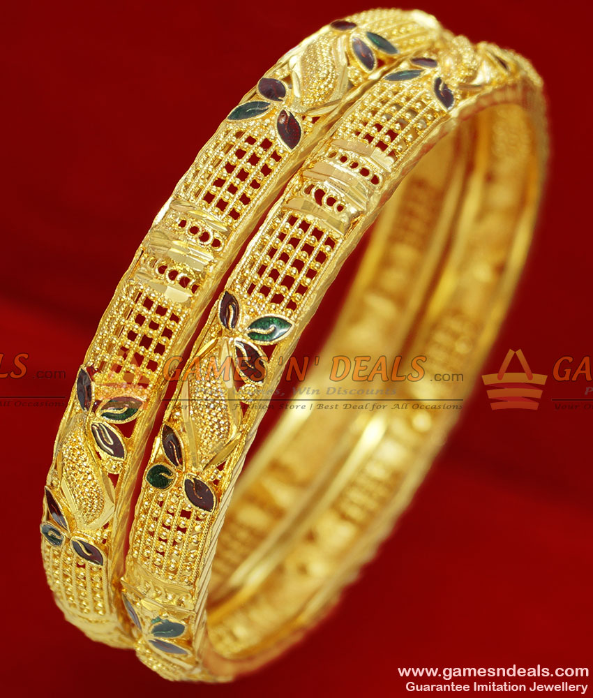 BR058-2.4 Size Kerala Leaf Enamel Design Gold Plated Imitation Bangles
