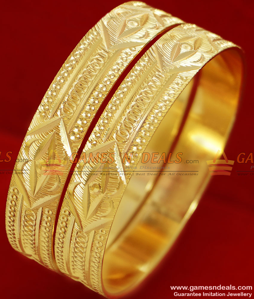 BR064-2.4 Size Glittering Gold Plated Broad Kerala Design Traditional Bangles