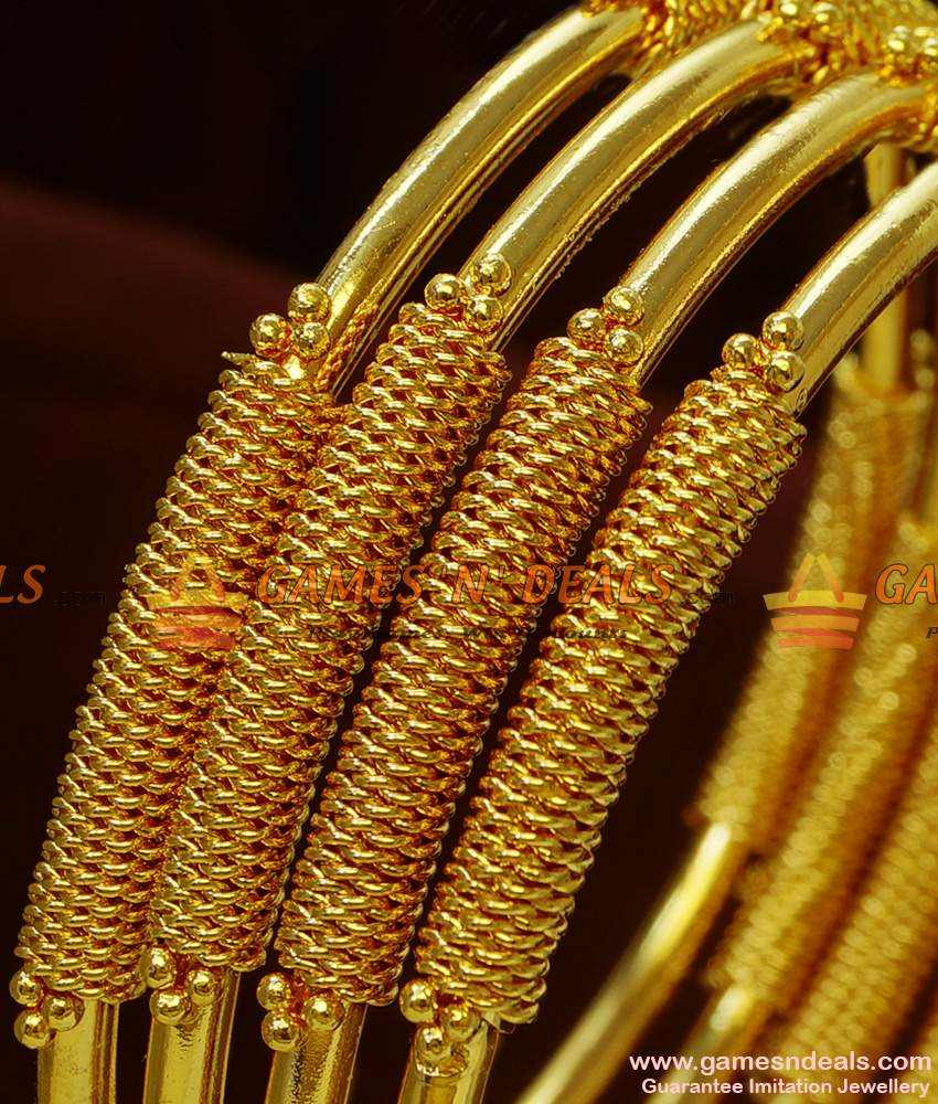 BR107-2.8 Size Gold Plated 4 Pieces Set Heavy Kada Spring Design Imitation Bangle BR107-2.8 Size Gold Plated 4 Pieces Set Heavy Kada Spring Design Imitation Bangle