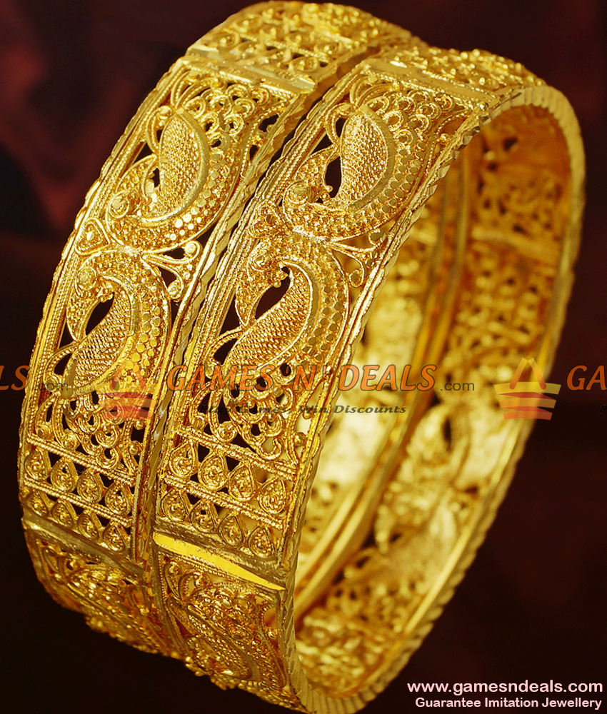 BR199-2.6 Size Peacock Design Gold Plated Broad Kadaa Imitation Bangle