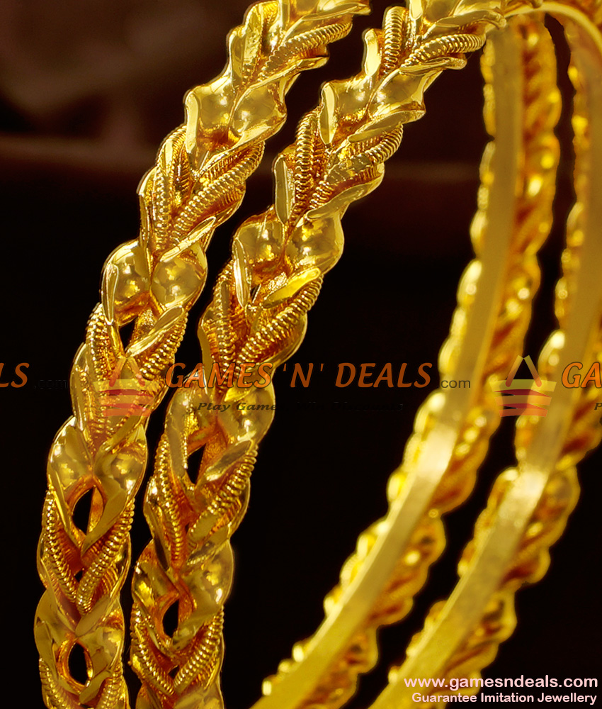 BR220-2.6 Size Romanian Gold Tone Curvy Antique Olive Leaf Design Daily Wear Bangles