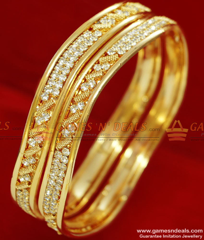 BS029-2.6 Size  Party Wear Gold Plated Curvy Design AD White Stone Bangle