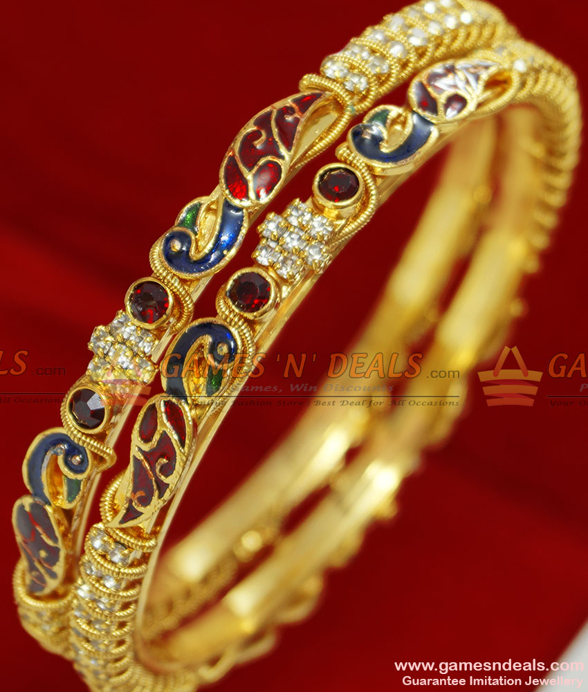 BS033-2.6 Size Gold Plated AD Stone Peacock Enamel South Indian Bangle BS033-2.6 Size Gold Plated AD Stone Peacock Enamel South Indian Bangle