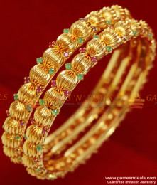 BS034-2.6 Size  Gold Plated Pink And Red  Stone Golden Beaded Design Bangle