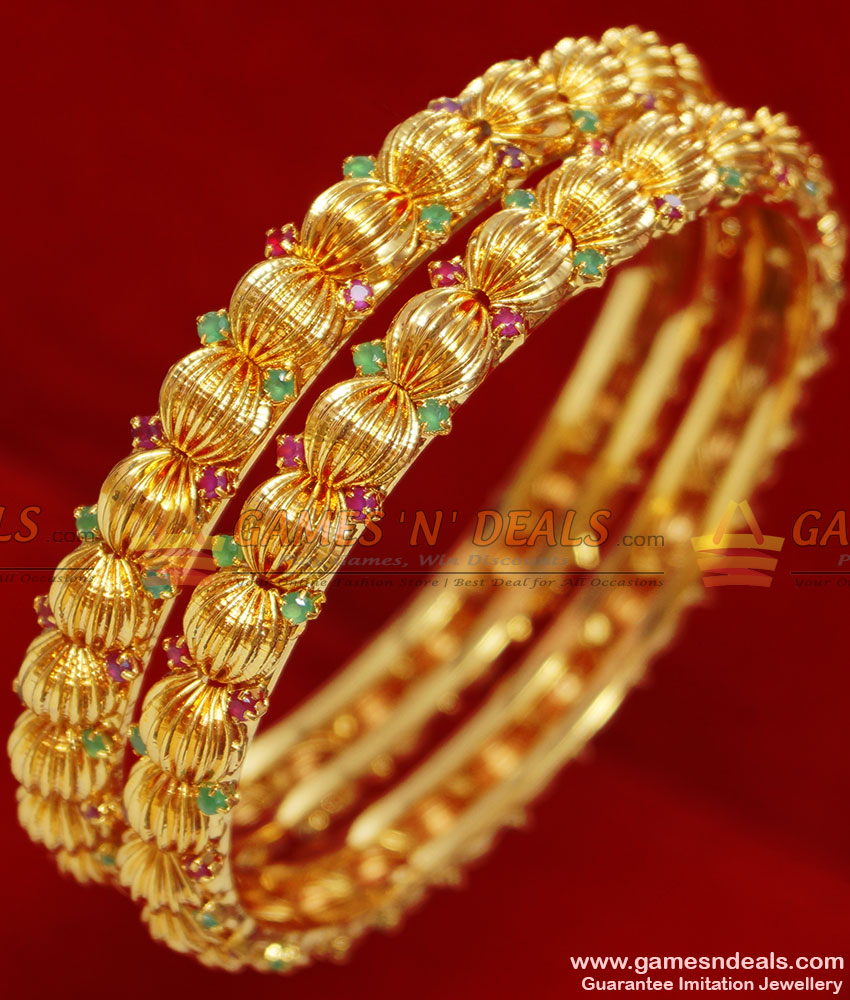 BS034-2.6 Size Gold Plated Pink And Red Stone Golden Beaded Design Bangle BS034-2.6 Size Gold Plated Pink And Red Stone Golden Beaded Design Bangle
