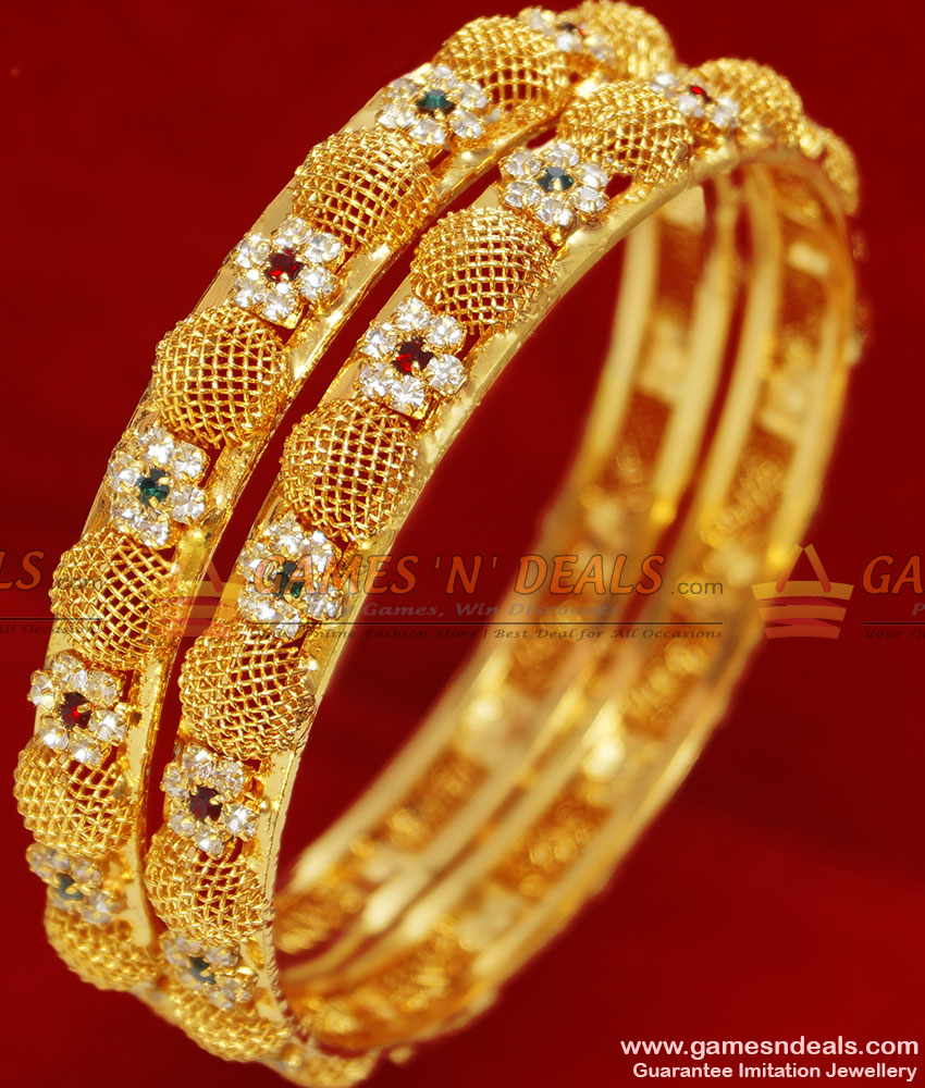 BS038-2.8 Size Gold Plated Flower Design South Indian Stone  Bangle