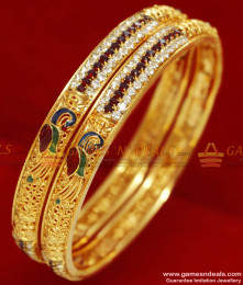 BS039-2.8 Size Gold Plated Peacock Design Ad Stone Enamel  Bangle