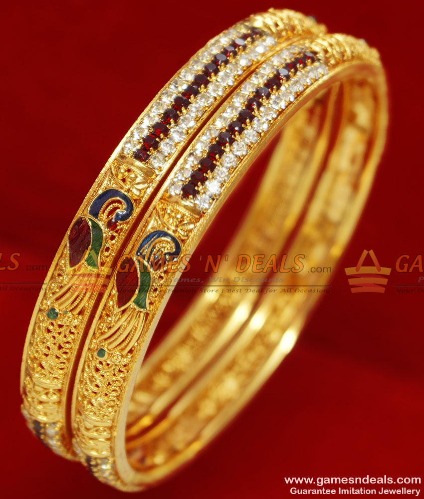 BS039-2.6 Size Gold Plated Peacock Design Ad Stone Enamel Bangle BS039-2.6 Size Gold Plated Peacock Design Ad Stone Enamel Bangle