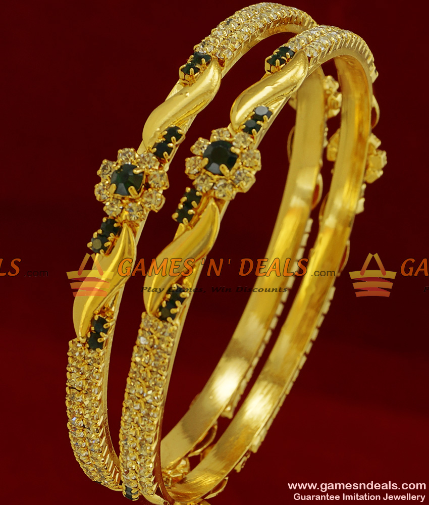 BS044-2.6 Size AD Green Stone Bangle Flower Design Bridal Wear Imitation Jewelry BS044-2.6 Size AD Green Stone Bangle Flower Design Bridal Wear Imitation Jewelry