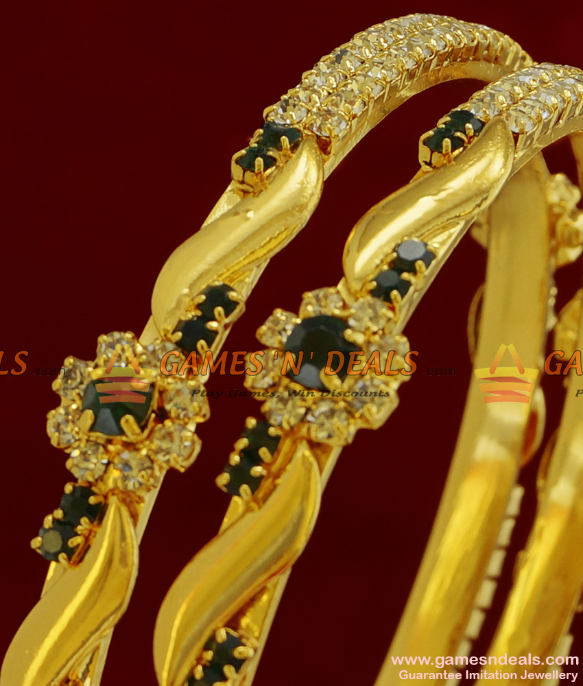 BS044-2.6 Size AD Green Stone Bangle Flower Design Bridal Wear Imitation Jewelry BS044-2.6 Size AD Green Stone Bangle Flower Design Bridal Wear Imitation Jewelry
