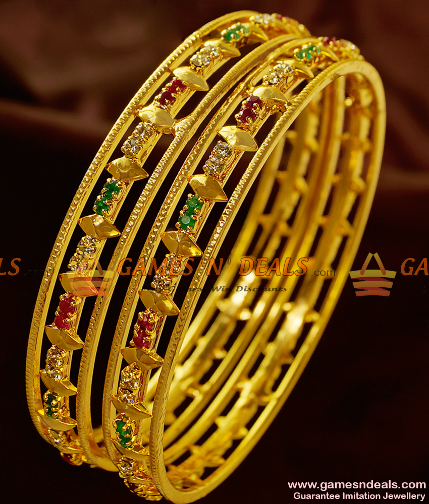 BS070-2.6 Size Sparkling 2 Pieces Multicolor Thin AD Stone Bridal Bangle