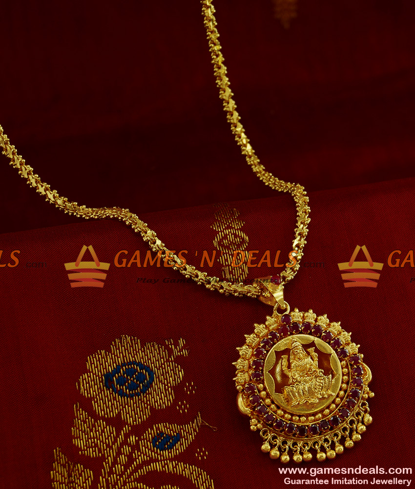 BGDR194 - Semi Precious AD Stone Lakshmi Dollar With S-Type Chain Temple Design