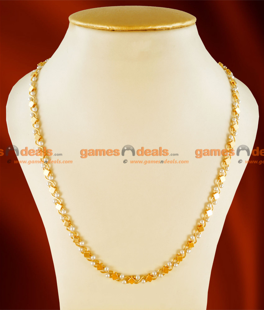 CCRY03 - Gold Plated Jewelry Thin Pearl Square Cut Chain Traditional Indian Chain