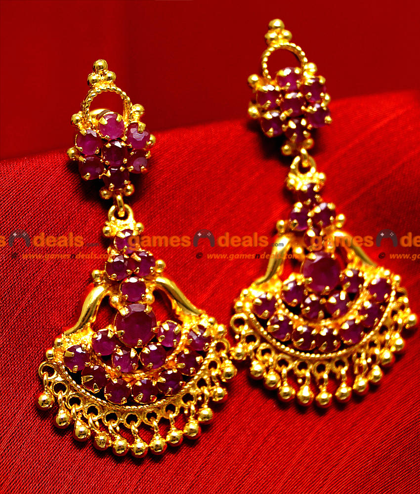 ER003 Gold Plated Ear Rings Semi Precious Ruby Stone Hanging Type Party  Wear Design