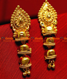 ER007 - Unique Gold Plated Ear Rings Long Hanging Type Party Wear Temple Jewel Design