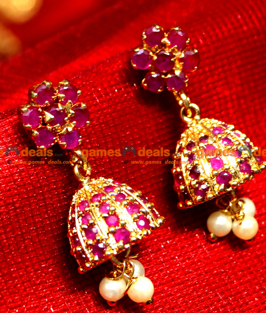ER0074 - Gold Plated Semi Precious Ruby Jhumki with Pearl Hangings Party Wear Design ER0074 - Gold Plated Semi Precious Ruby Jhumki with Pearl Hangings Party Wear Design