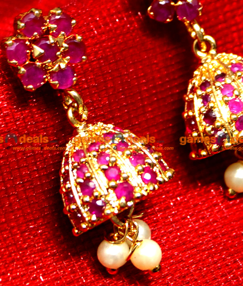 ER0074 - Gold Plated Semi Precious Ruby Jhumki with Pearl Hangings Party Wear Design ER0074 - Gold Plated Semi Precious Ruby Jhumki with Pearl Hangings Party Wear Design