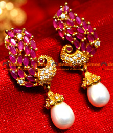 ER0079 - Gold Plated Semi Precious Ruby Ear Rings Party Wear Mayil Peacock with Pearl Design Online ER0079 - Gold Plated Semi Precious Ruby Ear Rings Party Wear Mayil Peacock with Pearl Design Online