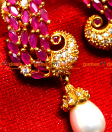 ER0079 - Gold Plated Semi Precious Ruby Ear Rings Party Wear Mayil Peacock with Pearl Design Online ER0079 - Gold Plated Semi Precious Ruby Ear Rings Party Wear Mayil Peacock with Pearl Design Online