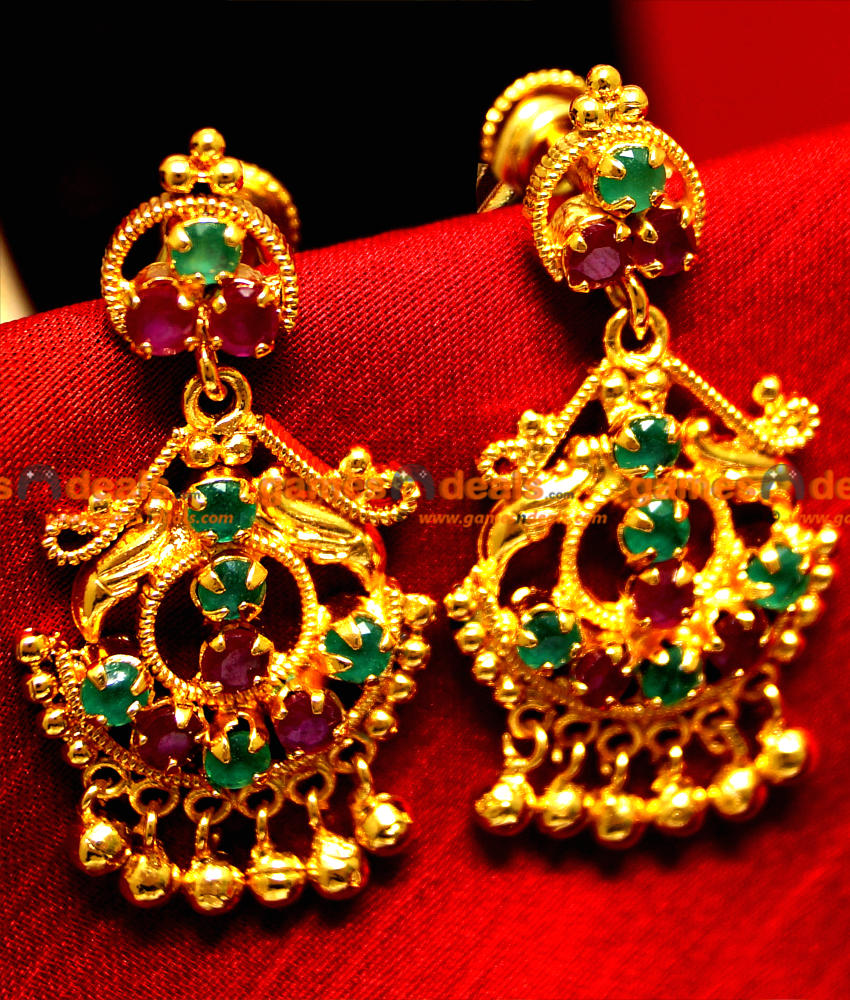 ER010 - Gold Plated Ear Rings Semi Precious Ruby and Jade Stone Hanging Type Party Wear Design ER010 - Gold Plated Ear Rings Semi Precious Ruby and Jade Stone Hanging Type Party Wear Design