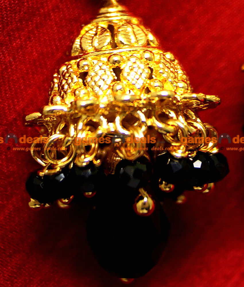 JH001 - Gold Plated Jhumka Black Crystal Hanging Type Party Wear Design JH001 - Gold Plated Jhumka Black Crystal Hanging Type Party Wear Design