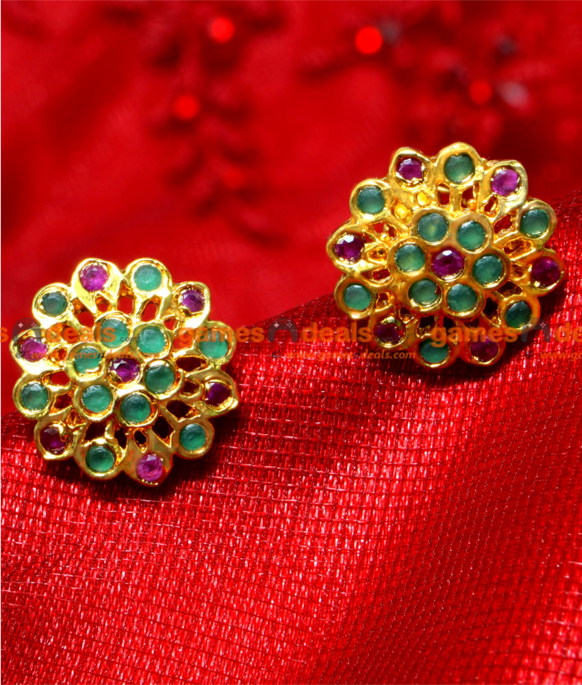 ER018 - 24ct Pure Gold Plated Imitation Ruby Ear Rings Dull Finish Temple Jewel Antique Party Wear Design