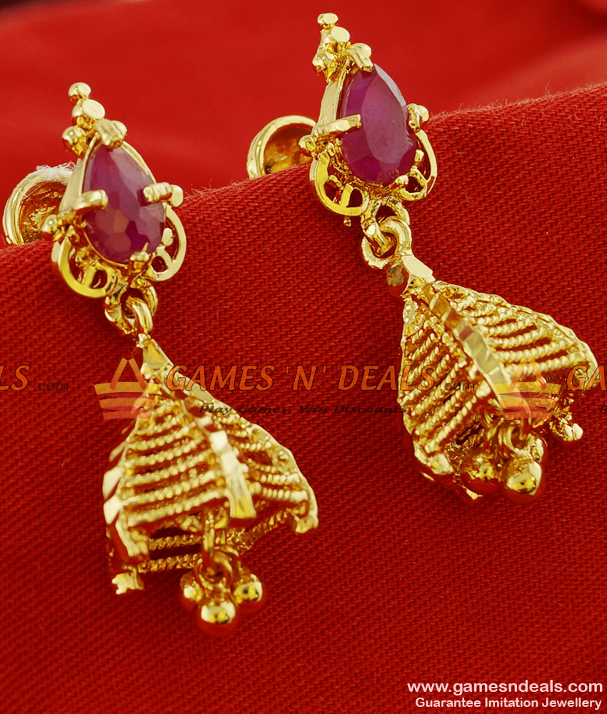 ER097 - Gold Plated Imitation Big Ruby Stone Ear Rings Trendy Jhumki Design 