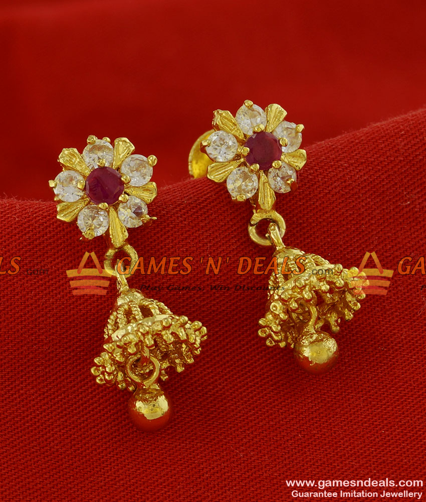 ER123 - Traditional Medium Size Red AD Stone Jhumki Gold Plated Ear Rings