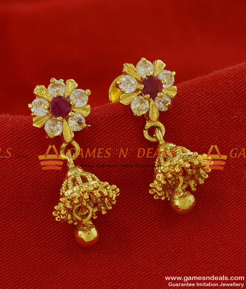 ER123 - Traditional Medium Size Red AD Stone Jhumki Gold Plated Ear Rings ER123 - Traditional Medium Size Red AD Stone Jhumki Gold Plated Ear Rings