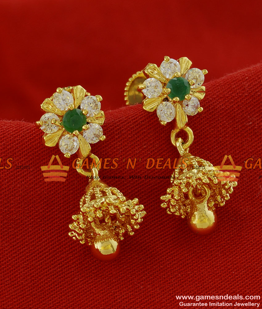 ER124 - Traditional Medium Size Green AD Stone Jhumki Gold Plated Ear Rings