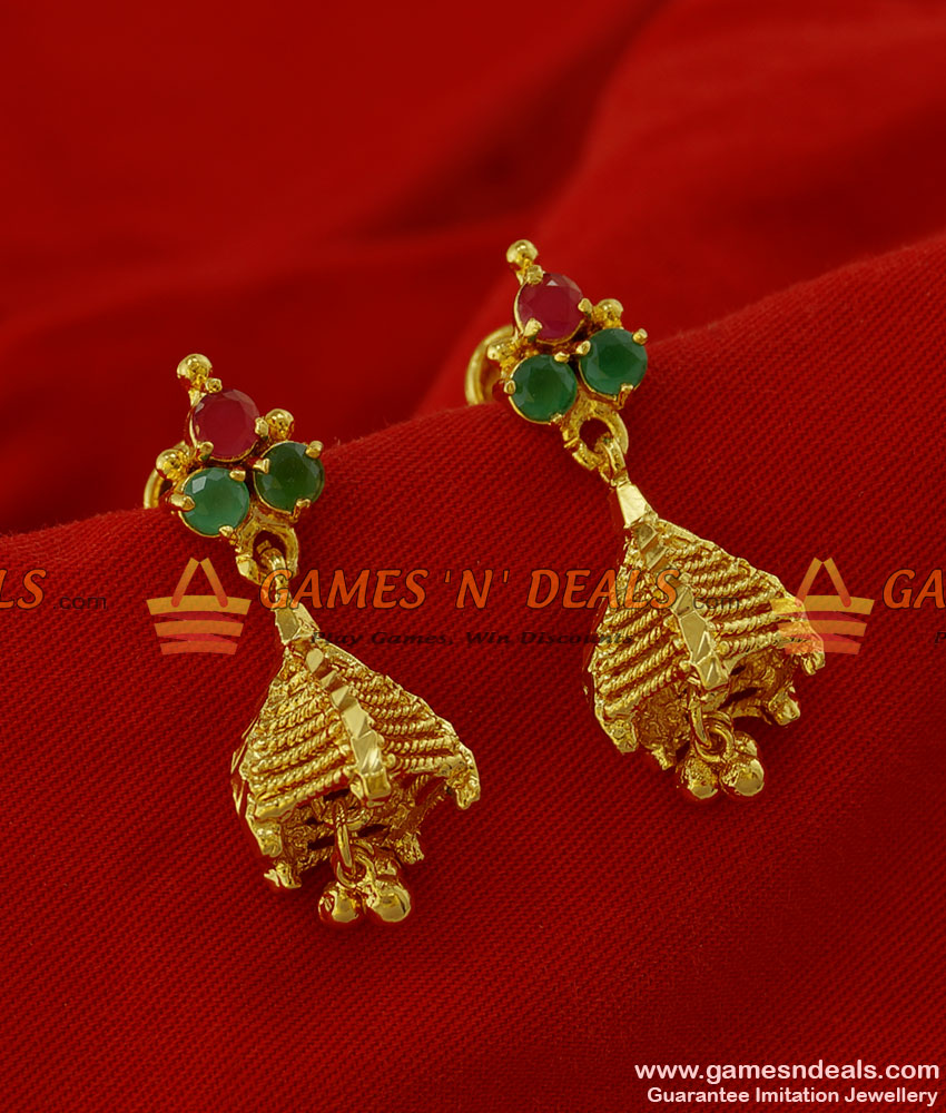 ER167 - Gold Plated Imitation Big Ruby Stone Ear Rings Trendy Jhumki Design 