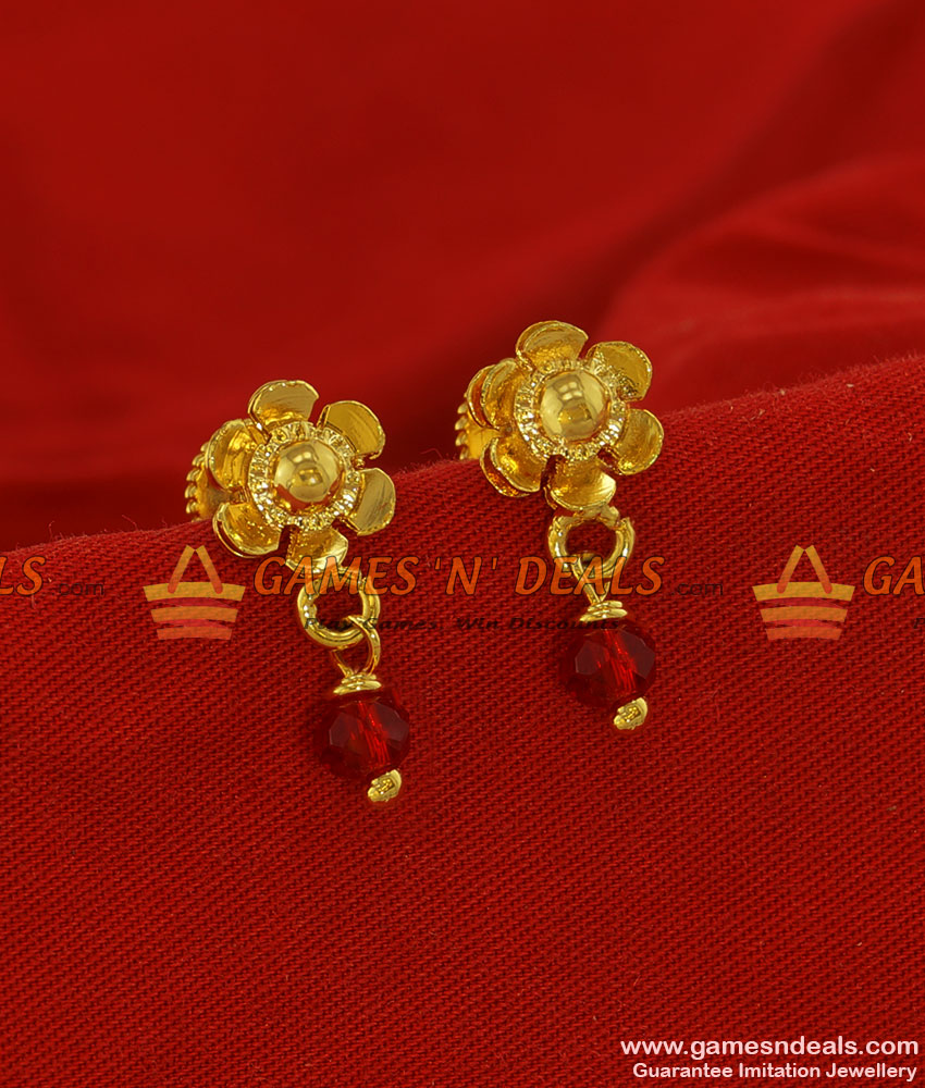 ER199 - Trendy Teen Golden Flower Stud with Small Red Crystal Hanging Design