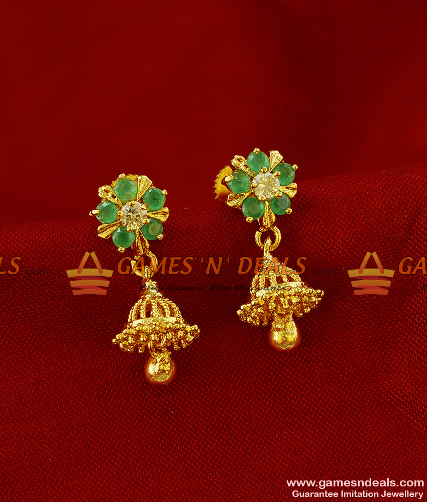 ER249 - Attractive Green and White AD Stone Small Jhumki Imitation Jewellery