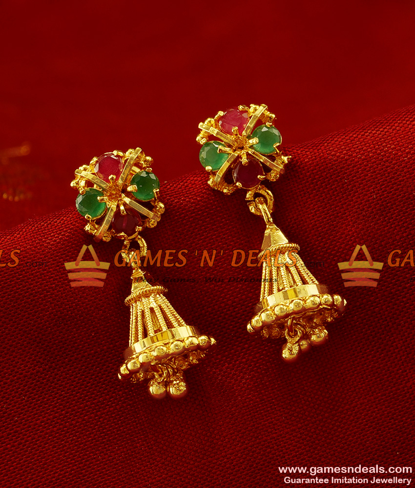 ER266 - Traditional Small Daily Wear Stone Jhumki Design Gold Plated Ear Rings
