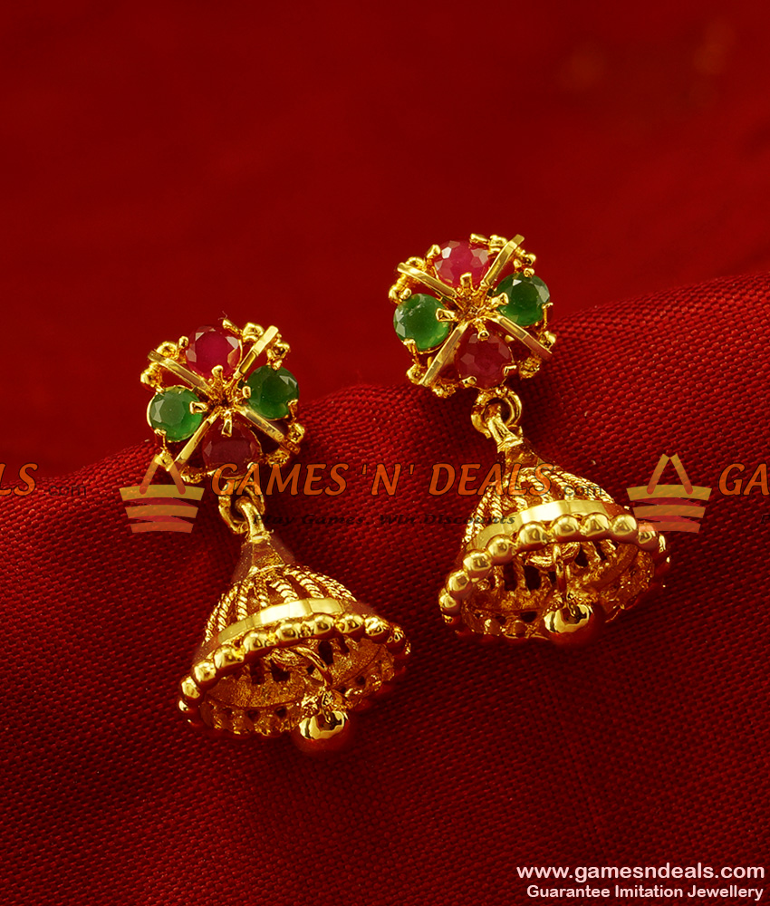ER267 - Traditional Daily Wear Stone Jhumki Design Gold Plated Ear Rings