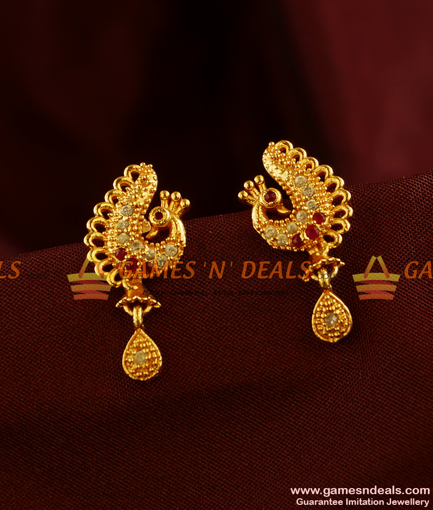 ER291 - Peacock Design Daily Wear CZ Ruby Stone Imitation South Indian Ear Ring