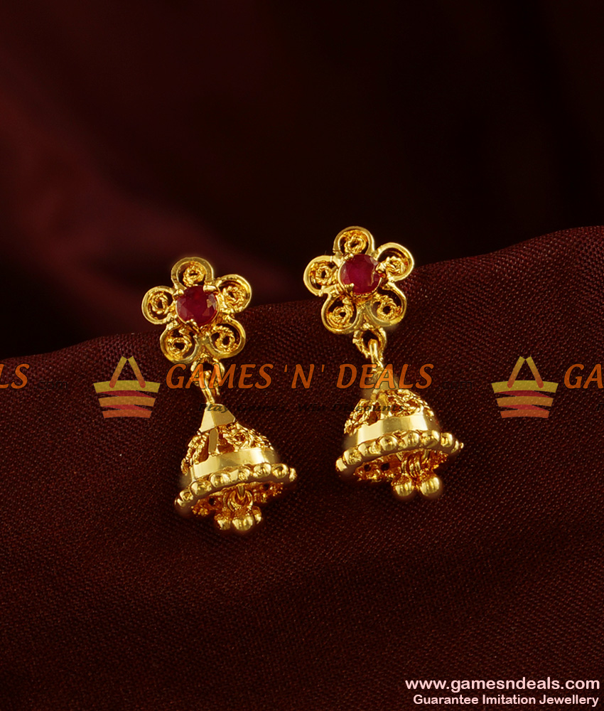 ER298 - South Indian Red Stone Jhumki Trendy Small Design College Girl Daily Wear Ear Rings