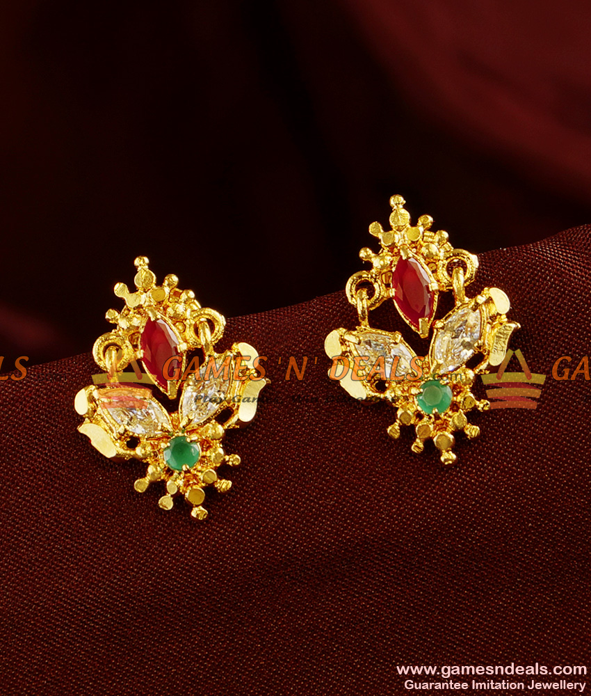 ER333 - Unique South Indian Tribal Design Daily Wear AD Stone Ear Rings