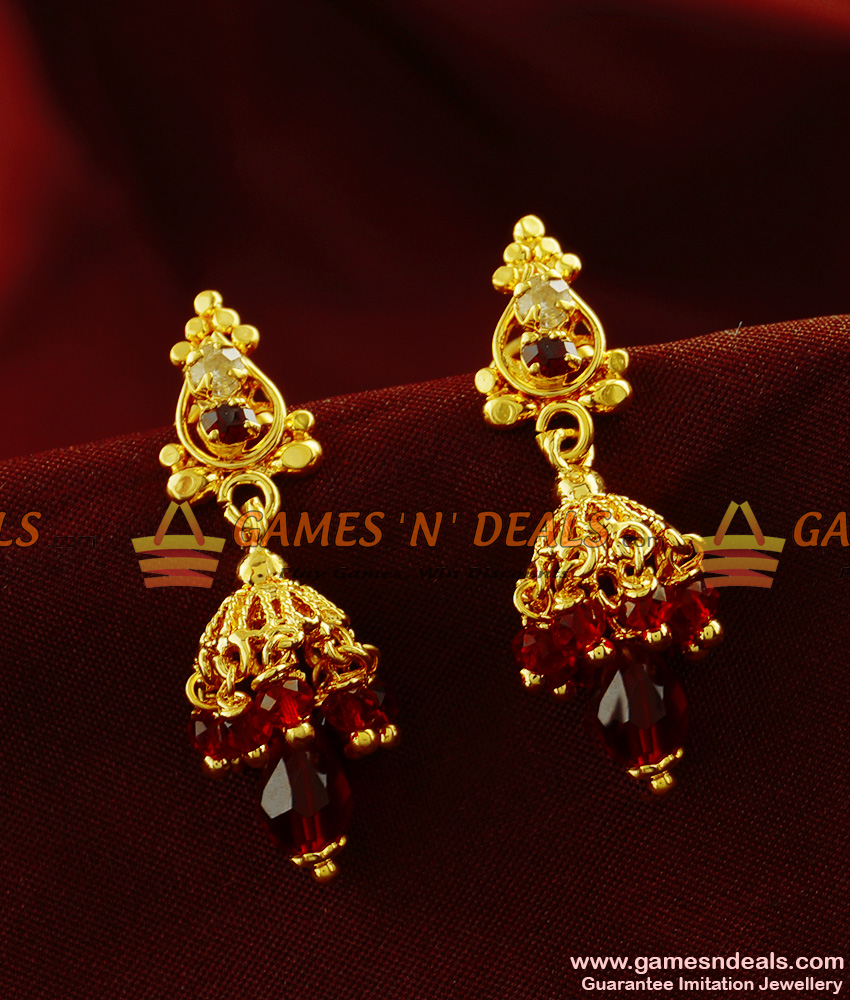 ER375 - Gold Plated Red Crystal Small Jhumkhi Guarantee Party Wear Design
