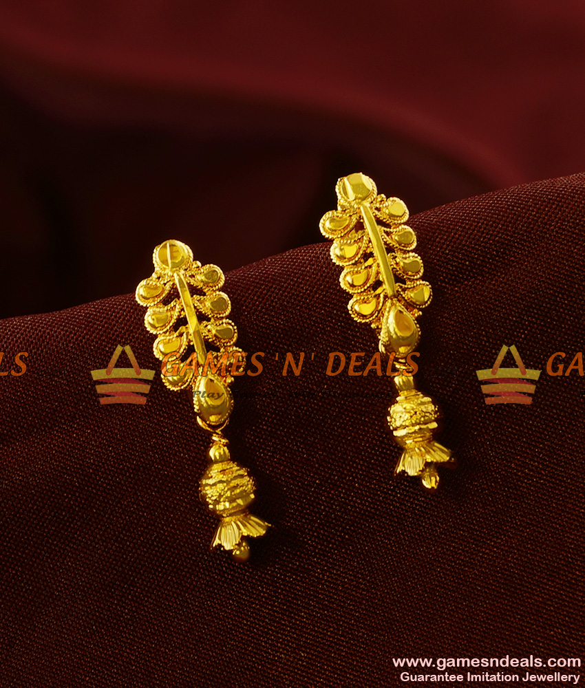 ER387 - Plain Daily Wear Long Leaf Ear Rings Gold Plated Imitation Jewelry