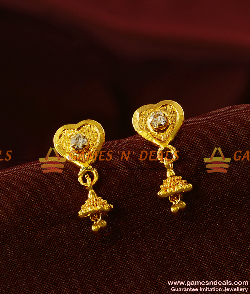 ER388 - Heart Design South Indian Daily Wear AD Stone Small Jhumki Ear Rings
